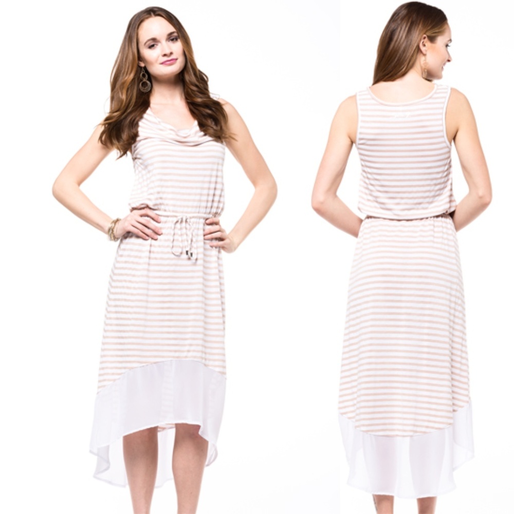 Striped, Cowl-Neck Hi-Low Midi Dress